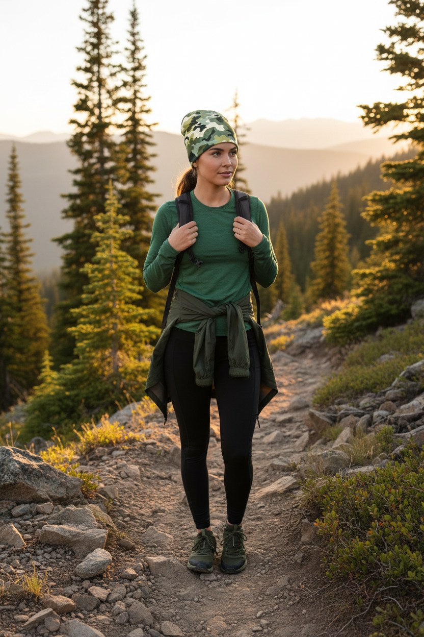 Person hiking on a trail with mountains and trees in the background wearing a camo beanie