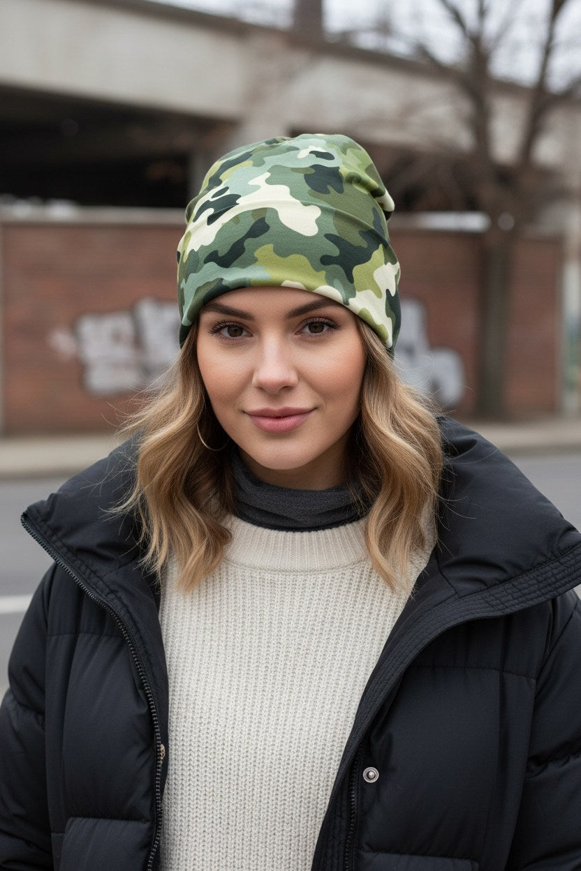 Woman wearing a camouflage beanie and black jacket outdoors