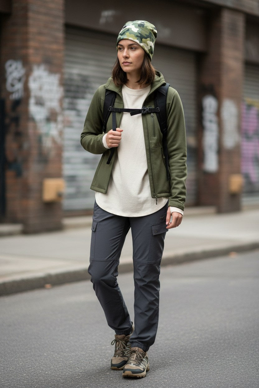 Person wearing a green jacket, white shirt, and gray pants on a street wearing a camo beanie
