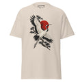 Natural T-shirt featuring a flying crane with outstretched wings, a red sun, and a pine branch in an ink-style design.