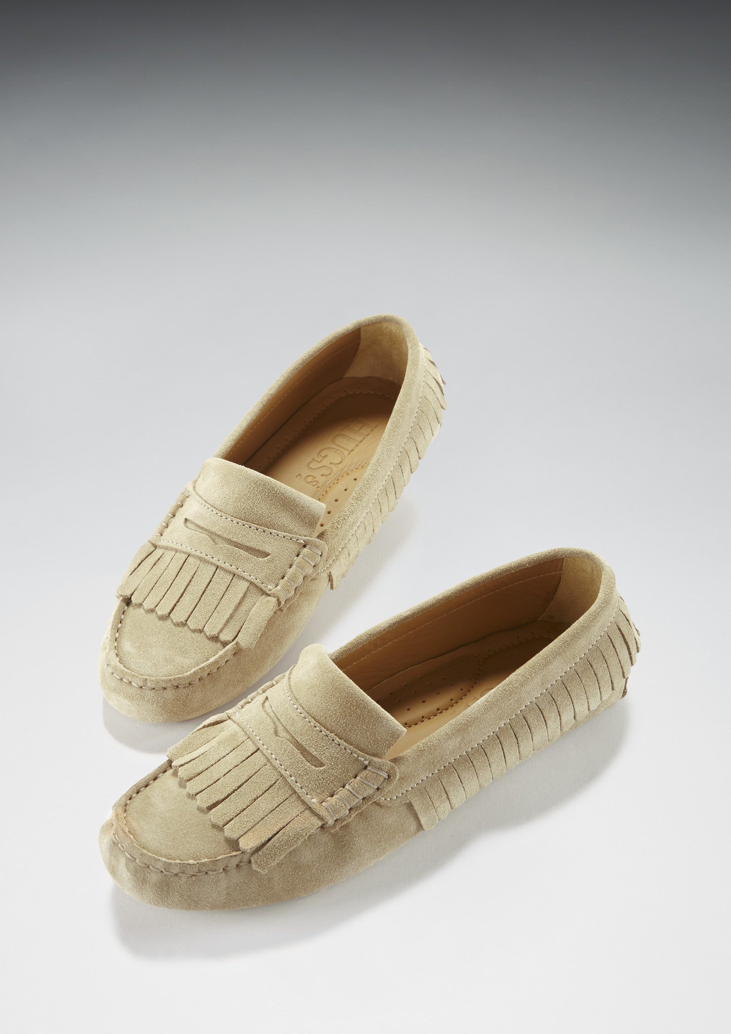 Hugs & Co Womens Fringed Driving Loafers Taupe Suede