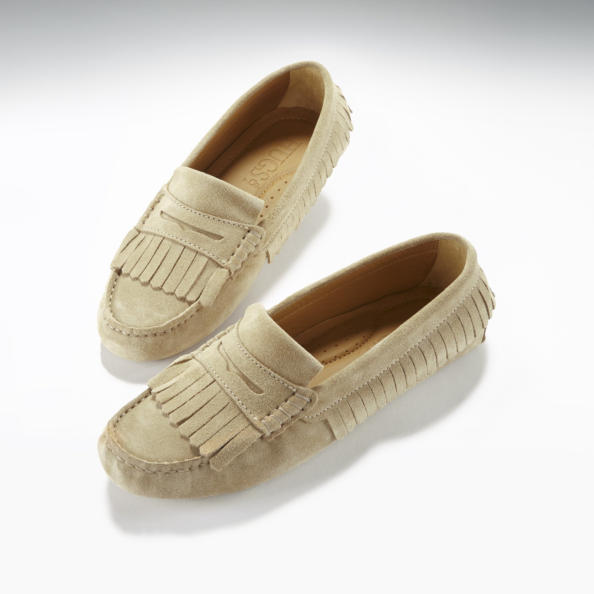 Hugs & Co Womens Fringed Driving Loafers Taupe Suede