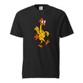 Colourful cartoon chicken with a long neck, wide eyes, orange crest, wings and feet waddling on a black T-shirt.