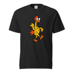Colourful cartoon chicken with a long neck, wide eyes, orange crest, wings and feet waddling on a black T-shirt.