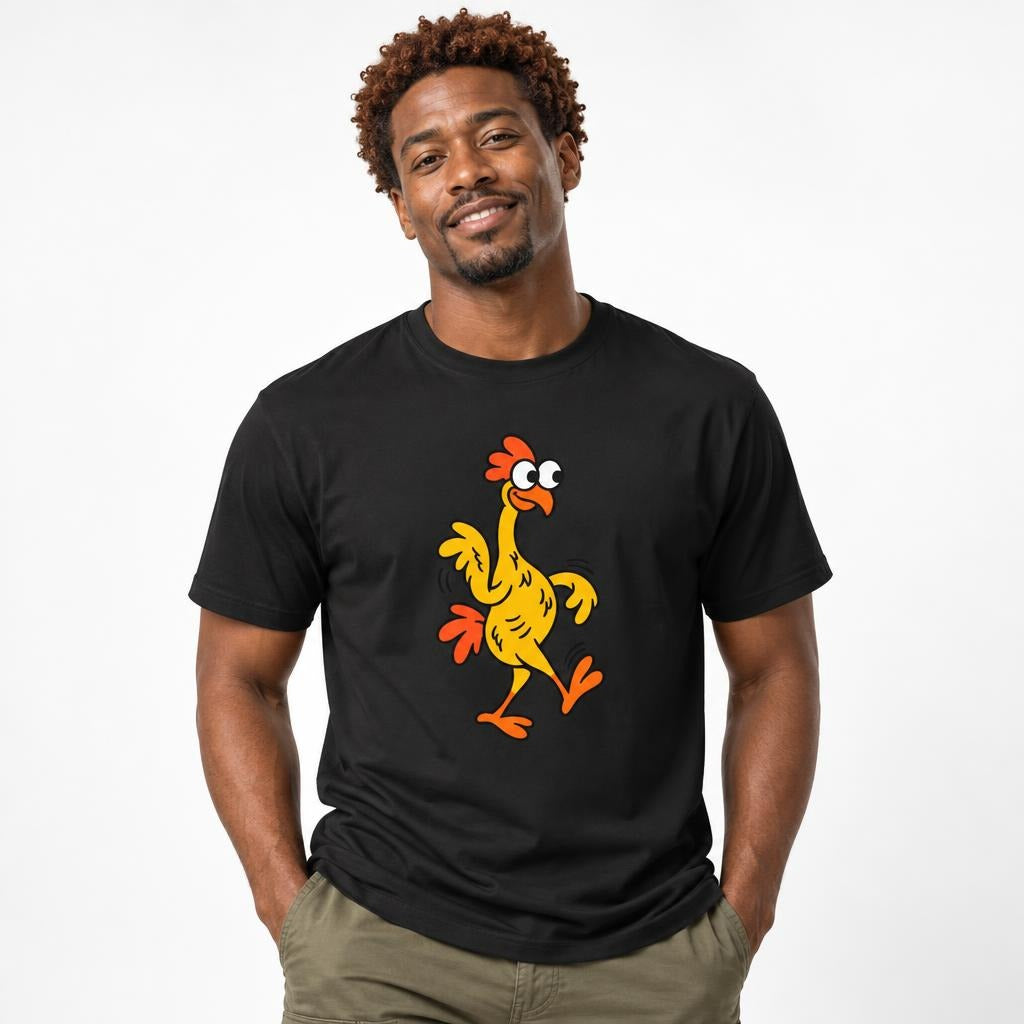 Model wearing a black T-shirt featuring a colourful cartoon chicken with wide eyes, orange crest, wings and feet waddling in motion.