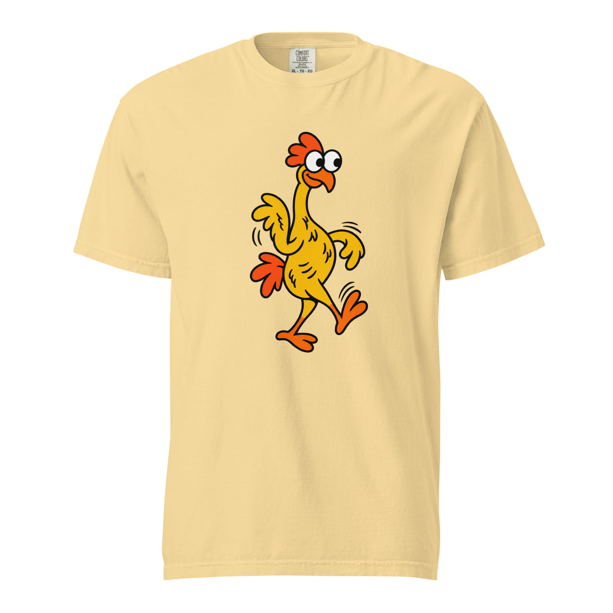 Colourful cartoon chicken with wide eyes, orange crest, wings and feet waddling on the front of a Butter T-shirt.