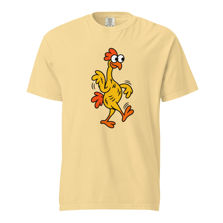 Colourful cartoon chicken with wide eyes, orange crest, wings and feet waddling on the front of a Butter T-shirt.
