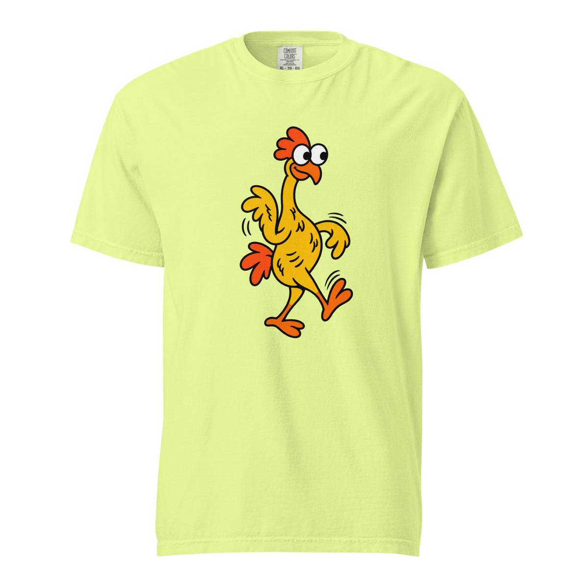 Neon Lemon T-shirt featuring a colourful cartoon chicken with wide eyes, orange crest, wings and feet waddling in motion