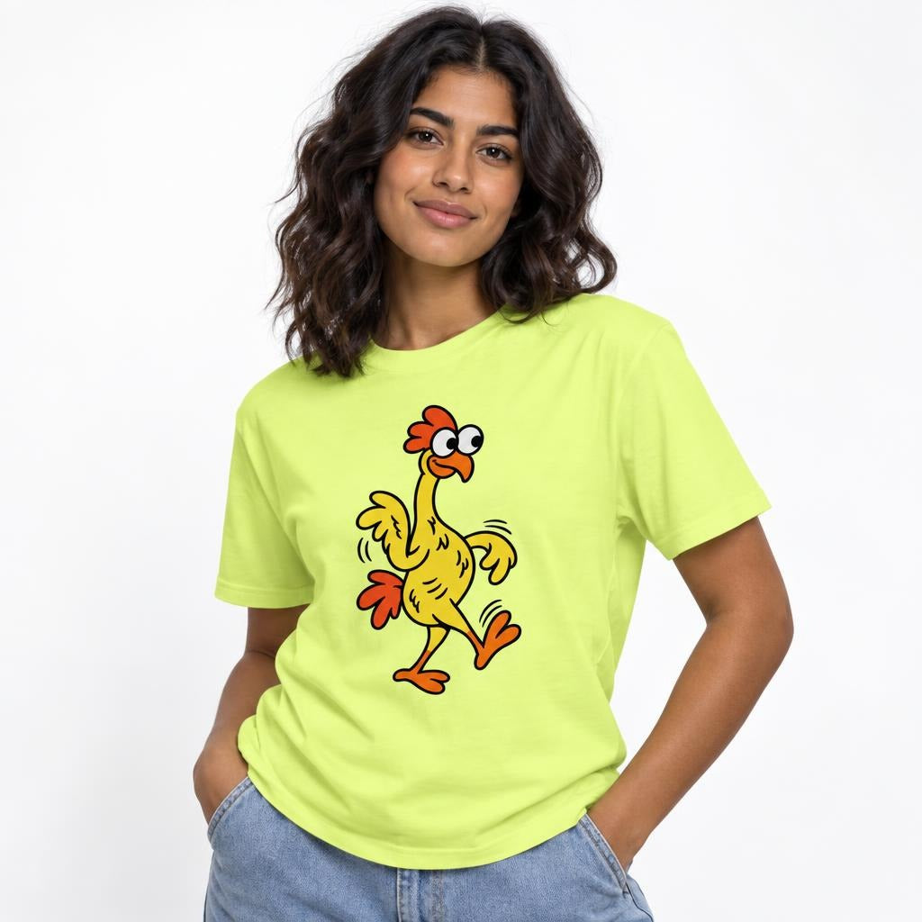Front view of a Neon Lemon T-shirt featuring a colourful cartoon chicken with wide eyes, wings and orange feet waddling in motion.