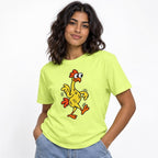 Front view of a Neon Lemon T-shirt featuring a colourful cartoon chicken with wide eyes, wings and orange feet waddling in motion.