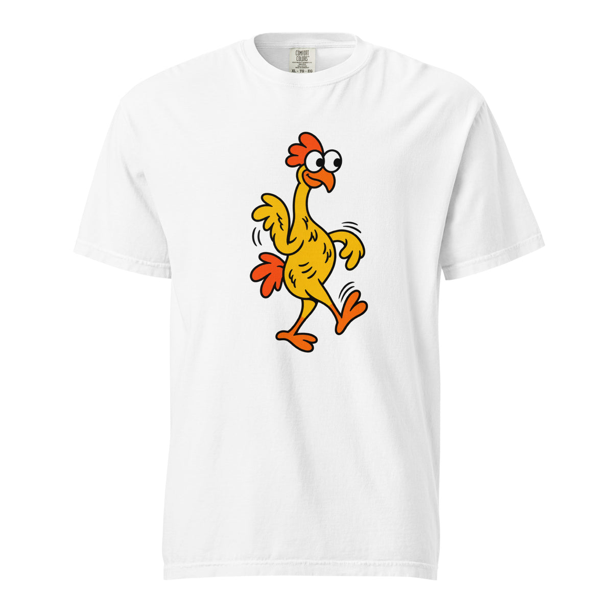 White T-shirt featuring a colourful cartoon chicken with wide eyes, orange crest, wings and feet shown waddling in motion.