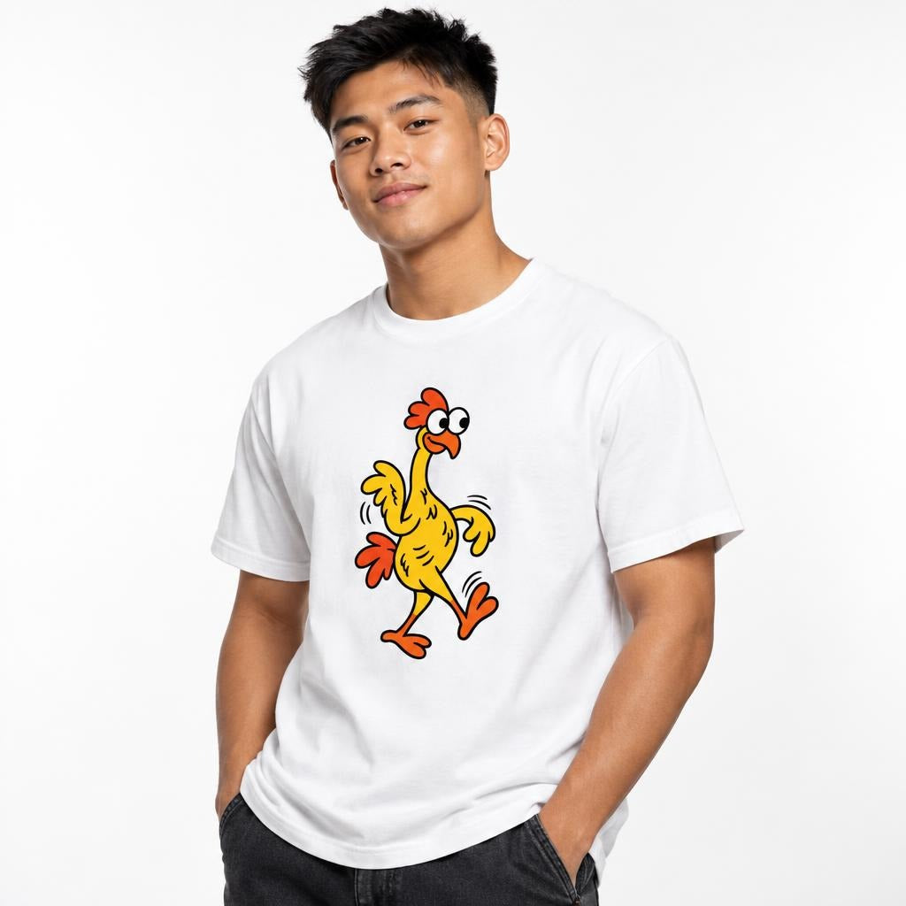 Model wearing a white T-shirt with a colourful cartoon chicken with wide eyes, orange crest, wings and feet waddling on the front.