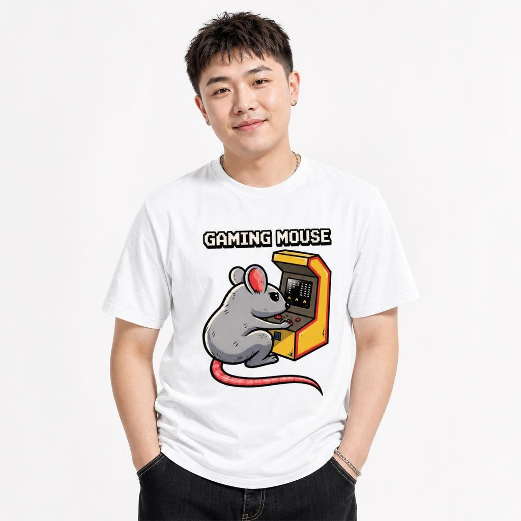 Model wearing a white T-shirt featuring a cartoon mouse playing a colourful arcade machine beneath “GAMING MOUSE.”