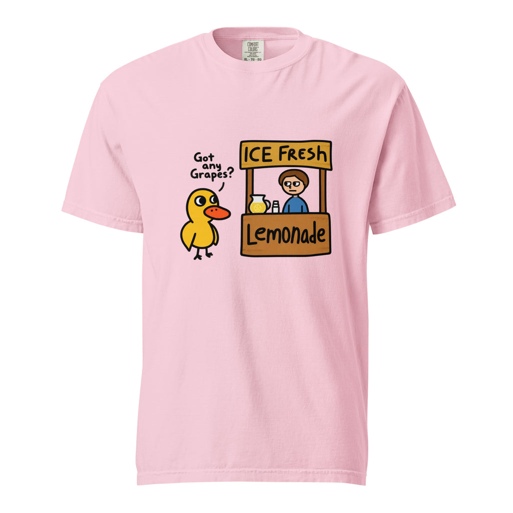 Front view of a Blossom T-shirt featuring a cartoon duck asking “Got any Grapes?” beside an ICE Fresh lemonade stand.