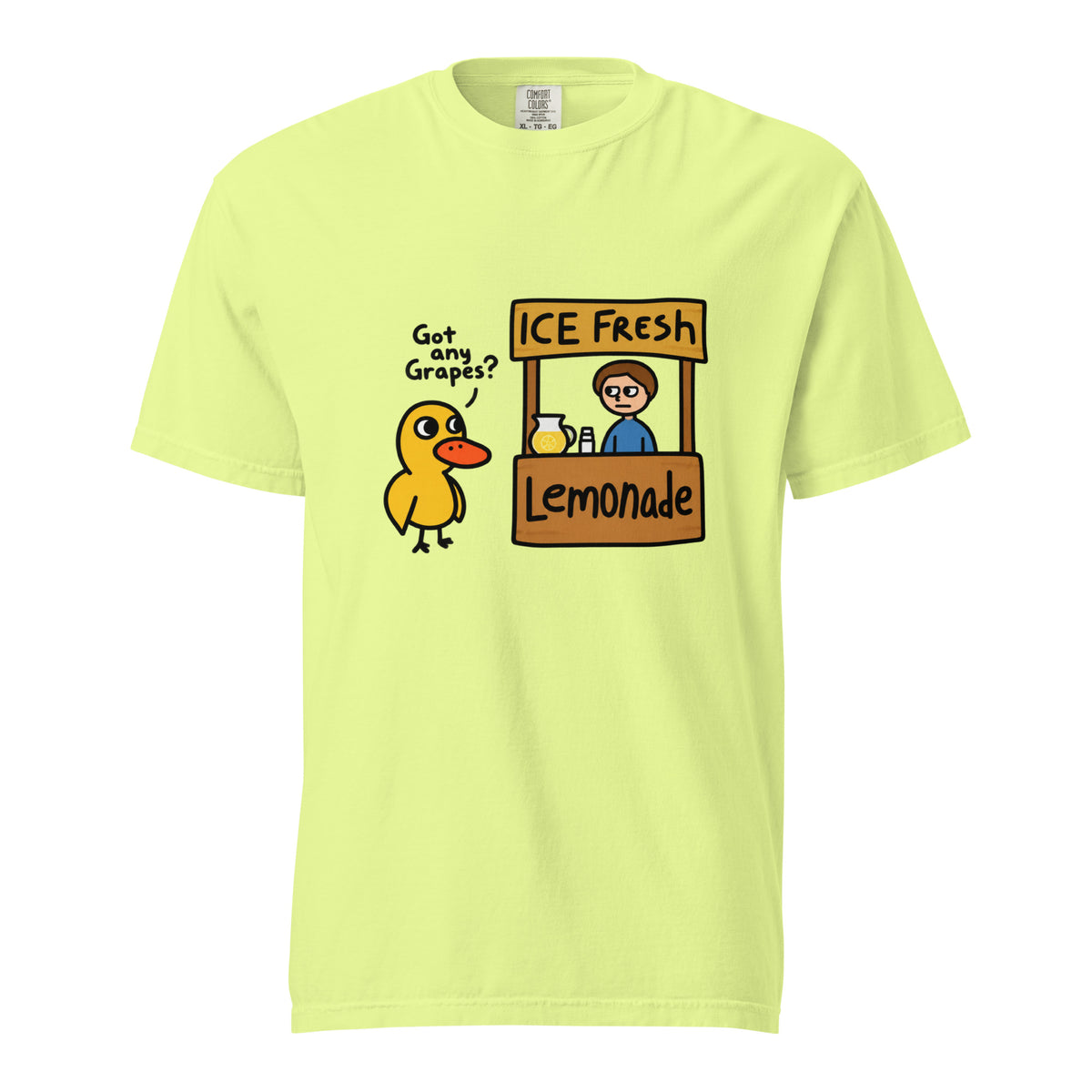 Neon Lemon T-shirt featuring a cartoon duck asking “Got any Grapes?” beside a lemonade stand with a person serving lemonade.