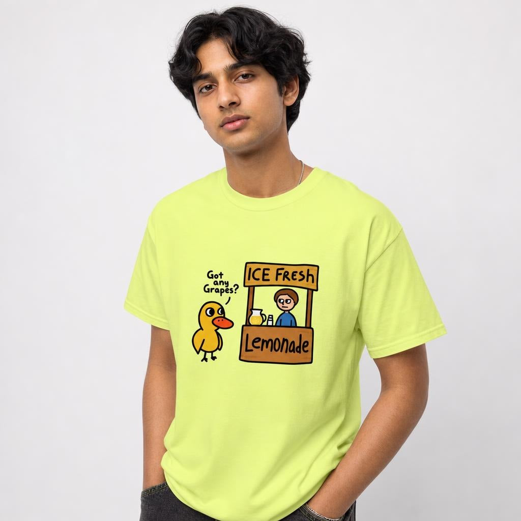 Front view of a model wearing a Neon Lemon T-shirt featuring a cartoon duck beside a lemonade stand with lemonade.