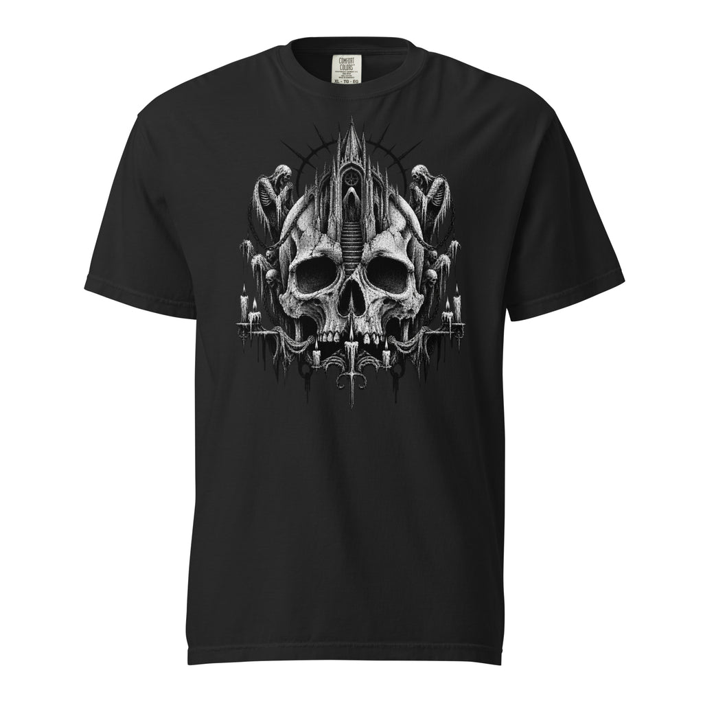 Front view of a black T-shirt featuring monochrome gothic artwork with a large skull, towering castle and hooded figures.