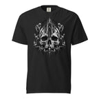 Front view of a black T-shirt featuring monochrome gothic artwork with a large skull, towering castle and hooded figures.