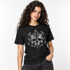 Model wearing a black T-shirt with monochrome gothic artwork of a skull, castle and hooded figures.