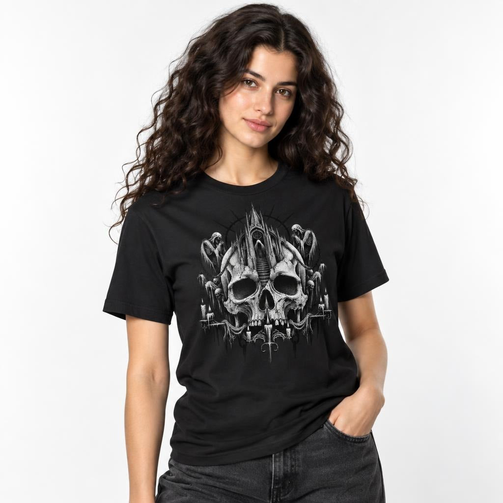 Model wearing a black T-shirt with monochrome gothic artwork of a skull, castle and hooded figures.