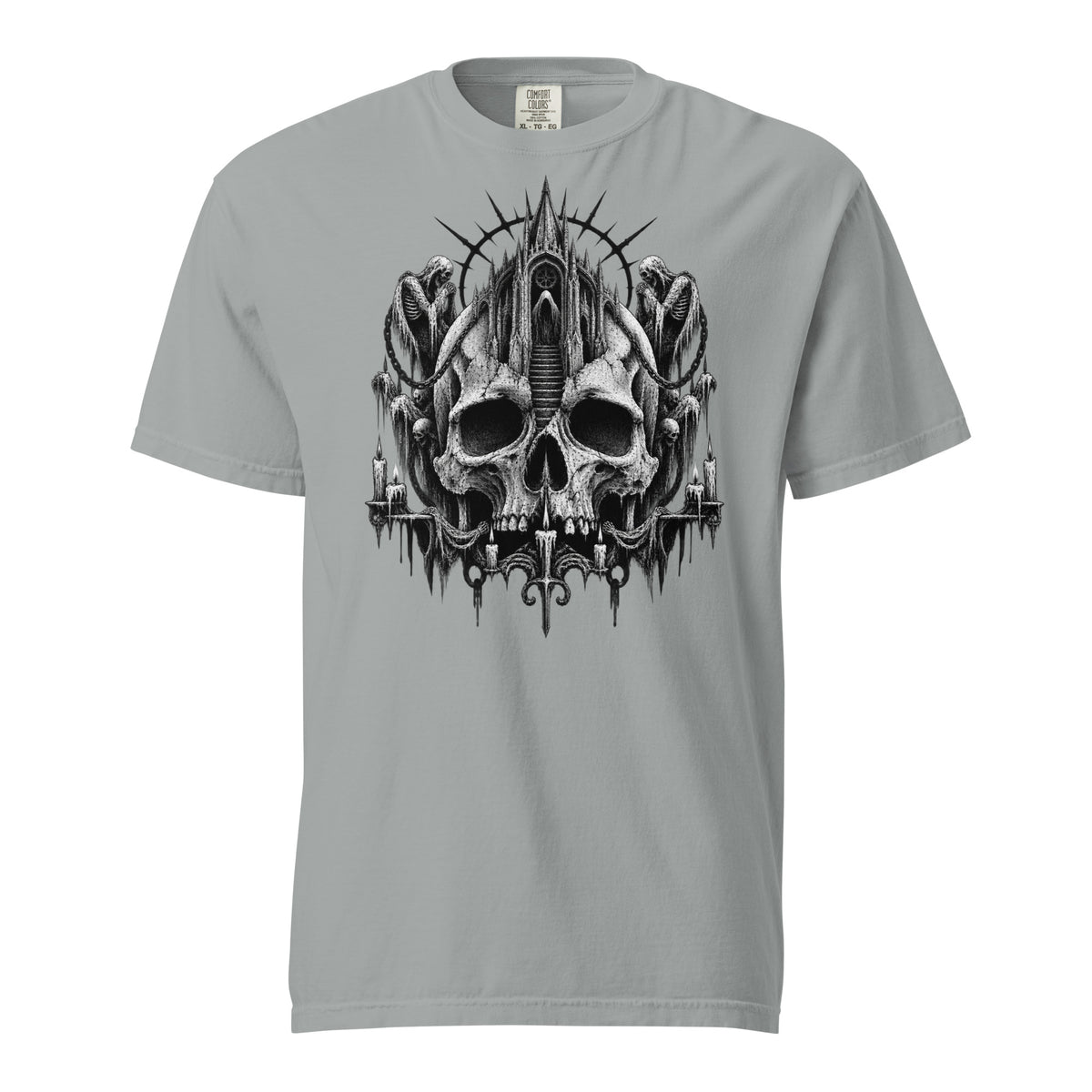 Front view of a Granite T-shirt featuring monochrome gothic artwork with a large skull, castle, hooded figures, chains, candles and a cross.