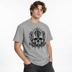 Front view of a model wearing a Granite T-shirt with monochrome gothic artwork of a skull, castle, and hooded figures.