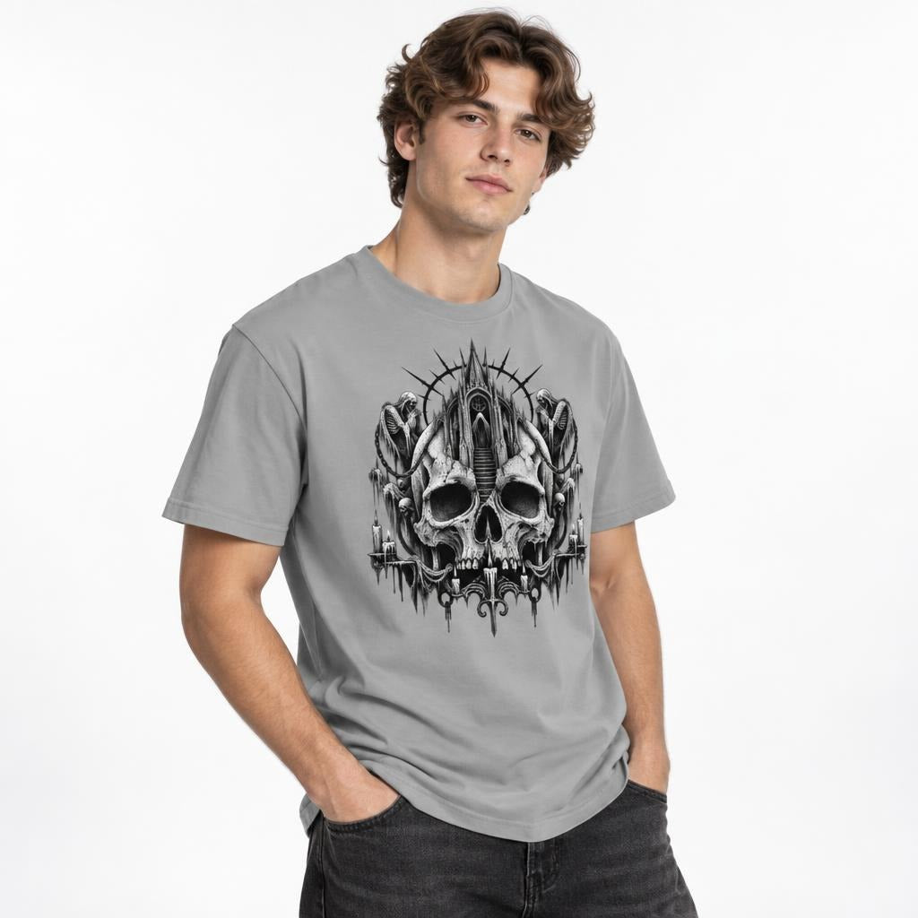 Front view of a model wearing a Granite T-shirt with monochrome gothic artwork of a skull, castle, and hooded figures.