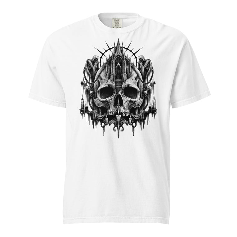 Front view of a white T-shirt with monochrome gothic artwork featuring a skull, cathedral-like castle, hooded figures, chains and candles.