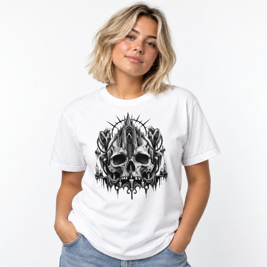 Model wearing a white T-shirt with monochrome gothic artwork of a skull, castle and hooded figures.
