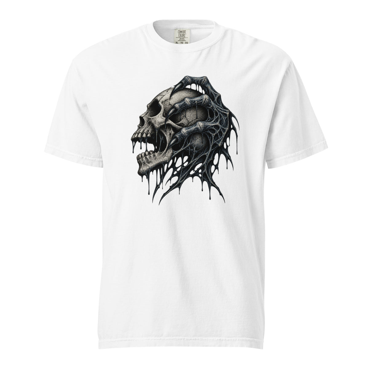 Front view of a White T-shirt with a central skull graphic, exposed teeth, and elongated dripping black bone-like forms.