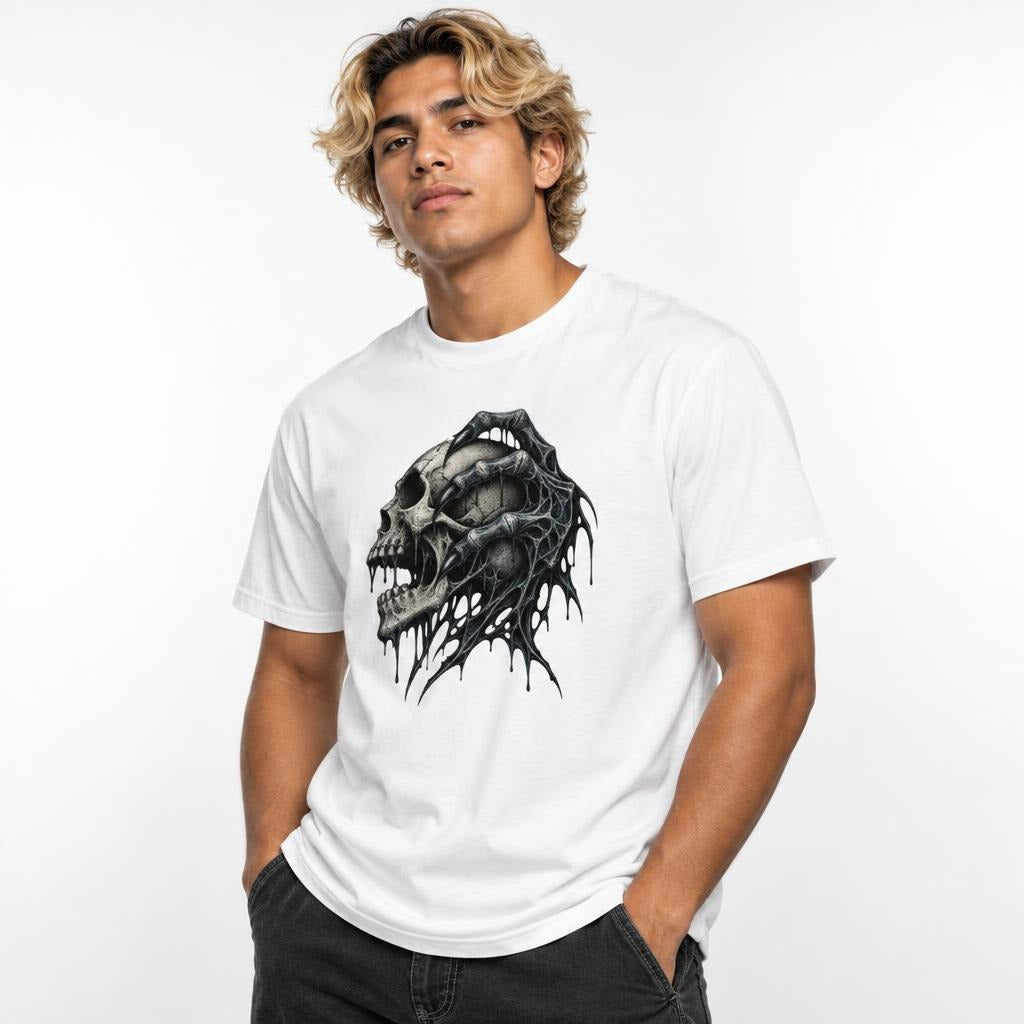 Model wearing a white T-shirt with a central skull graphic and elongated dripping black bone-like forms.