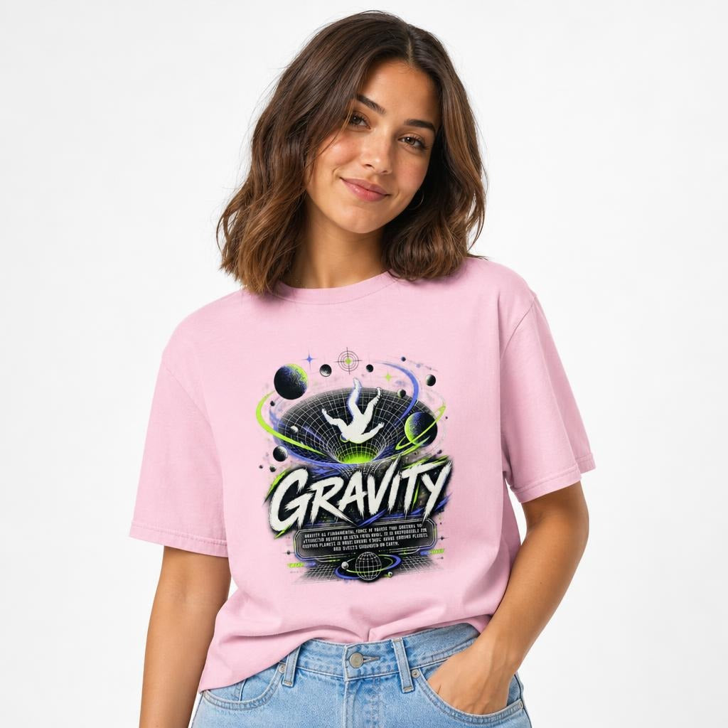 Gravity Space Graphic Gravity Graphic T Shirt Heavyweight Cotton t shirt in Blossom worn by a studio model in an upper-body three quarter left pose on a clean white background