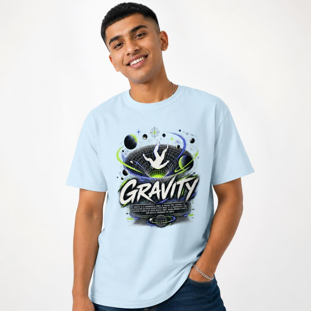 Gravity Space Graphic Gravity Graphic T Shirt Heavyweight Cotton t shirt in Chambray worn by a studio model in an upper-body three quarter right pose on a clean white background