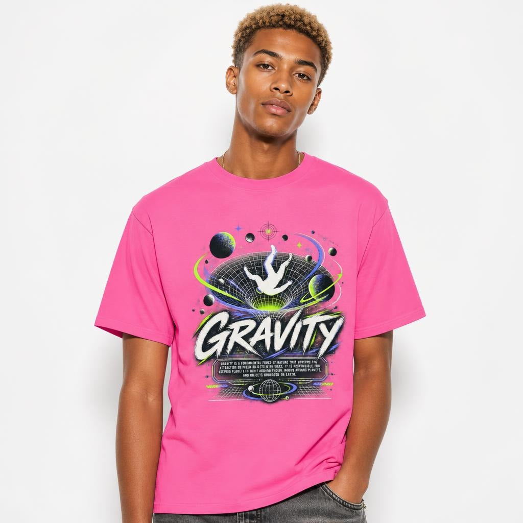 Gravity Space Graphic Gravity Graphic T Shirt Heavyweight Cotton t shirt in Neon Pink worn by a studio model in an upper-body front relaxed pose on a clean white background