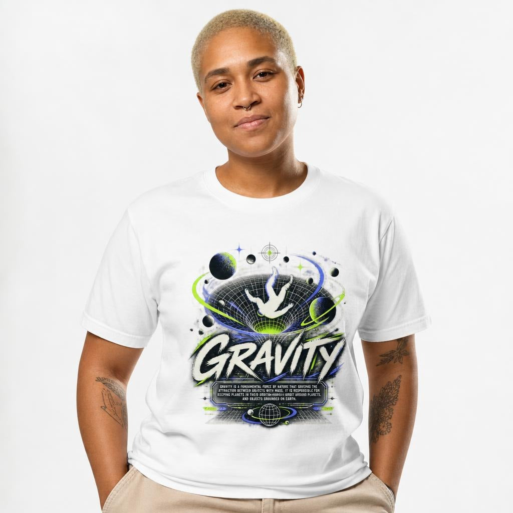 Gravity Space Graphic Gravity Graphic T Shirt Heavyweight Cotton t shirt in White worn by a studio model in an upper-body walking pose on a clean white background