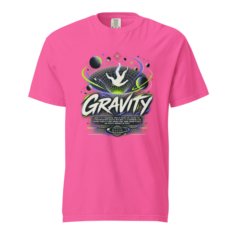 Neon Pink T-shirt featuring a bold “GRAVITY” space graphic with planets, orbital rings, and a floating astronaut.