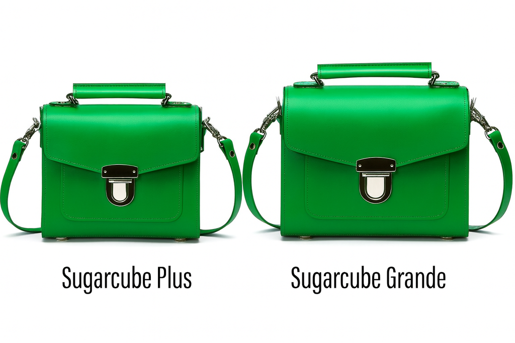 Zatchels Green Sugarcube handbag size guide view