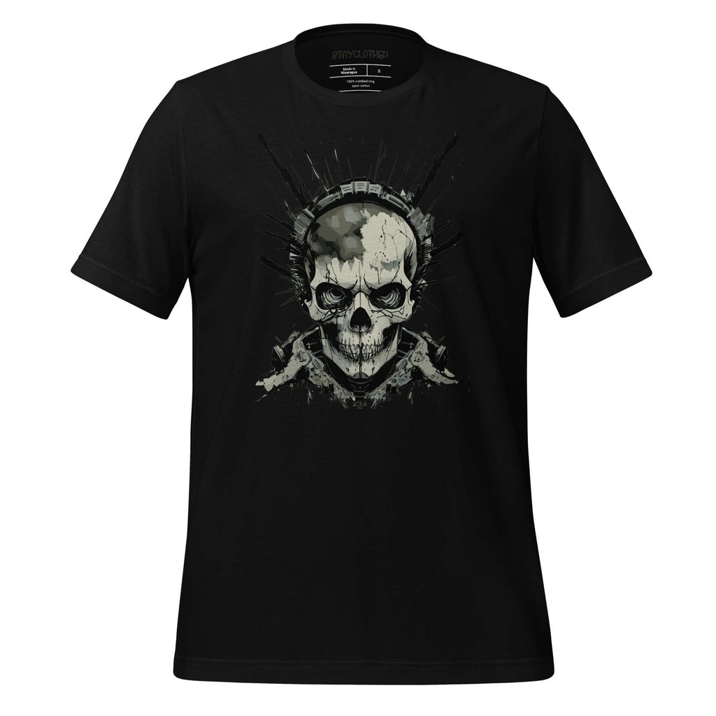 Black t-shirt with skull design on a wooden surface, featuring the brand 'StayClothed'.