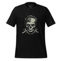 Black t-shirt with skull design on a wooden surface, featuring the brand 'StayClothed'.