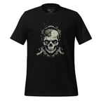 Black t-shirt with skull design on a wooden surface, featuring the brand 'StayClothed'.