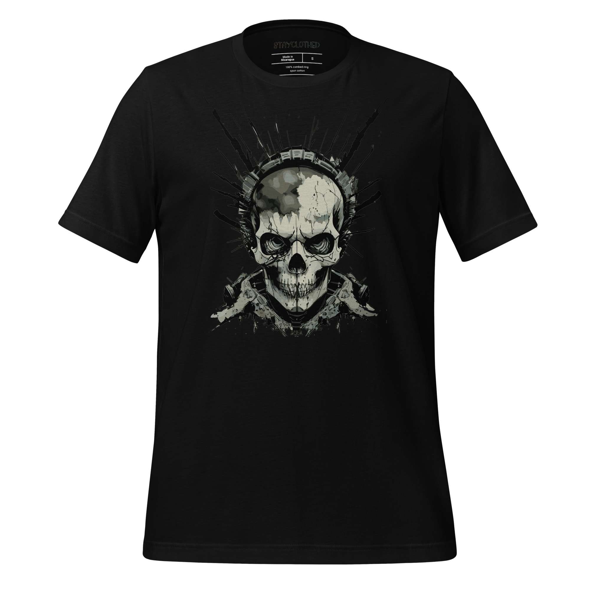 Black t-shirt with skull design on a wooden surface, featuring the brand 'StayClothed'.