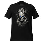 Black t-shirt with a skull design on a wooden surface, featuring the brand 'StayClothed'.