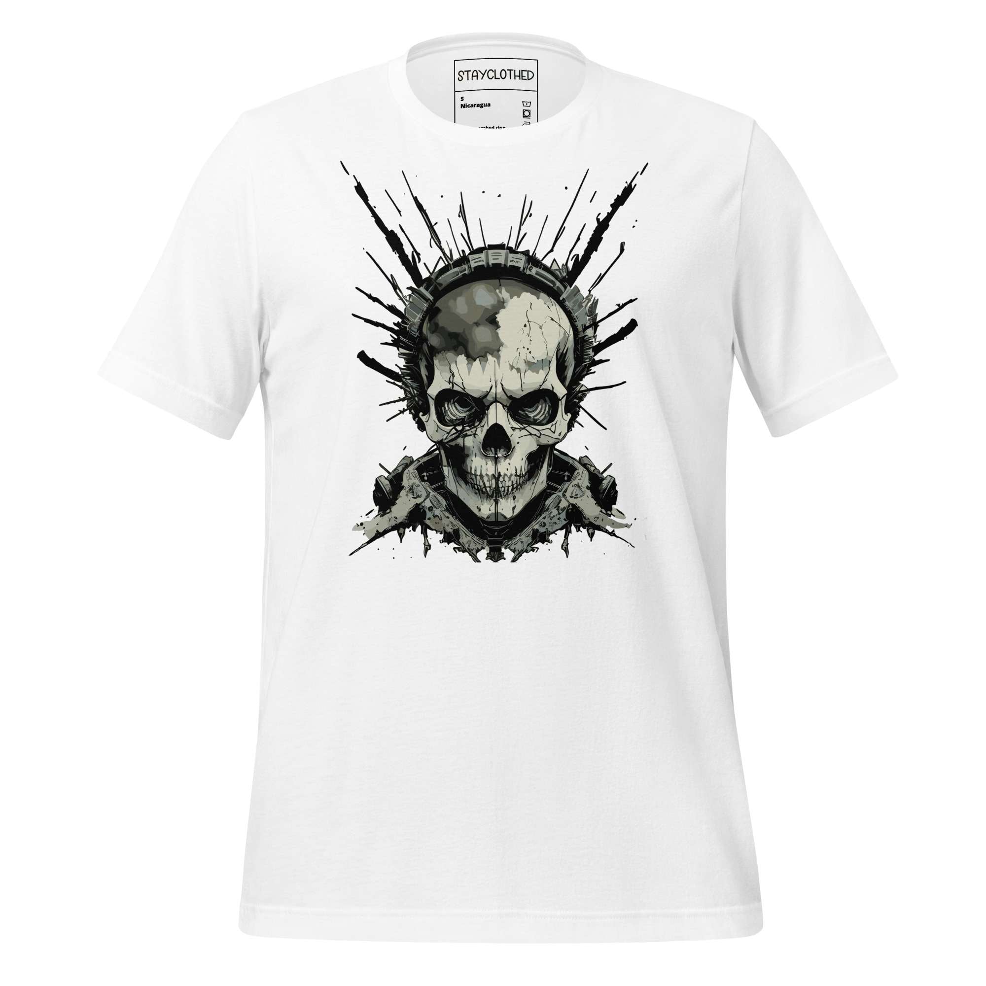 White t-shirt with skull design on a wooden surface, featuring the brand 'StayClothed'.