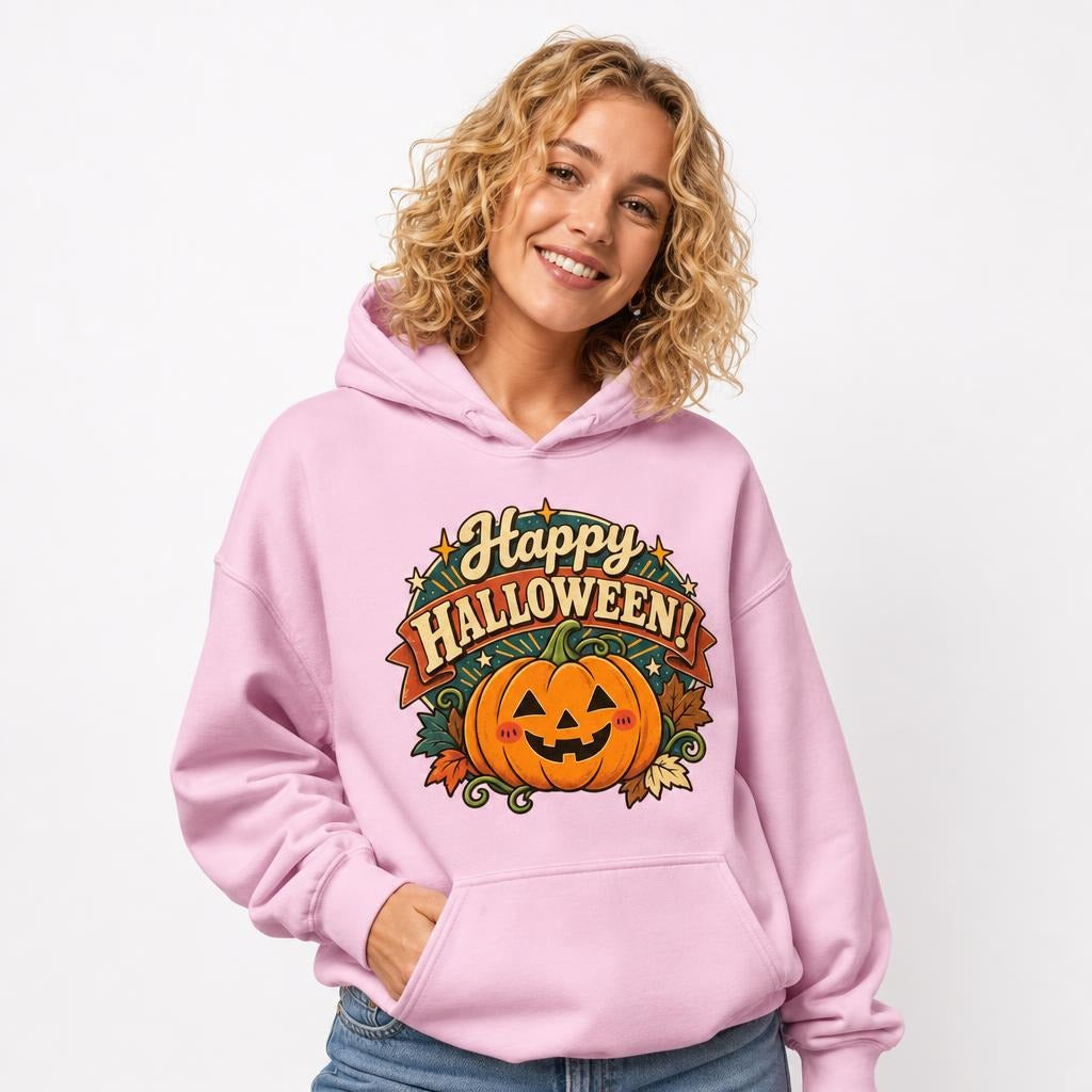 Happy Halloween Pumpkin Halloween sweatshirt in Light Pink worn by a studio model in an upper-body three quarter right pose on a clean white background