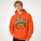 Happy Halloween Pumpkin Halloween sweatshirt in Orange worn by a studio model in an upper-body three quarter left pose on a clean white background