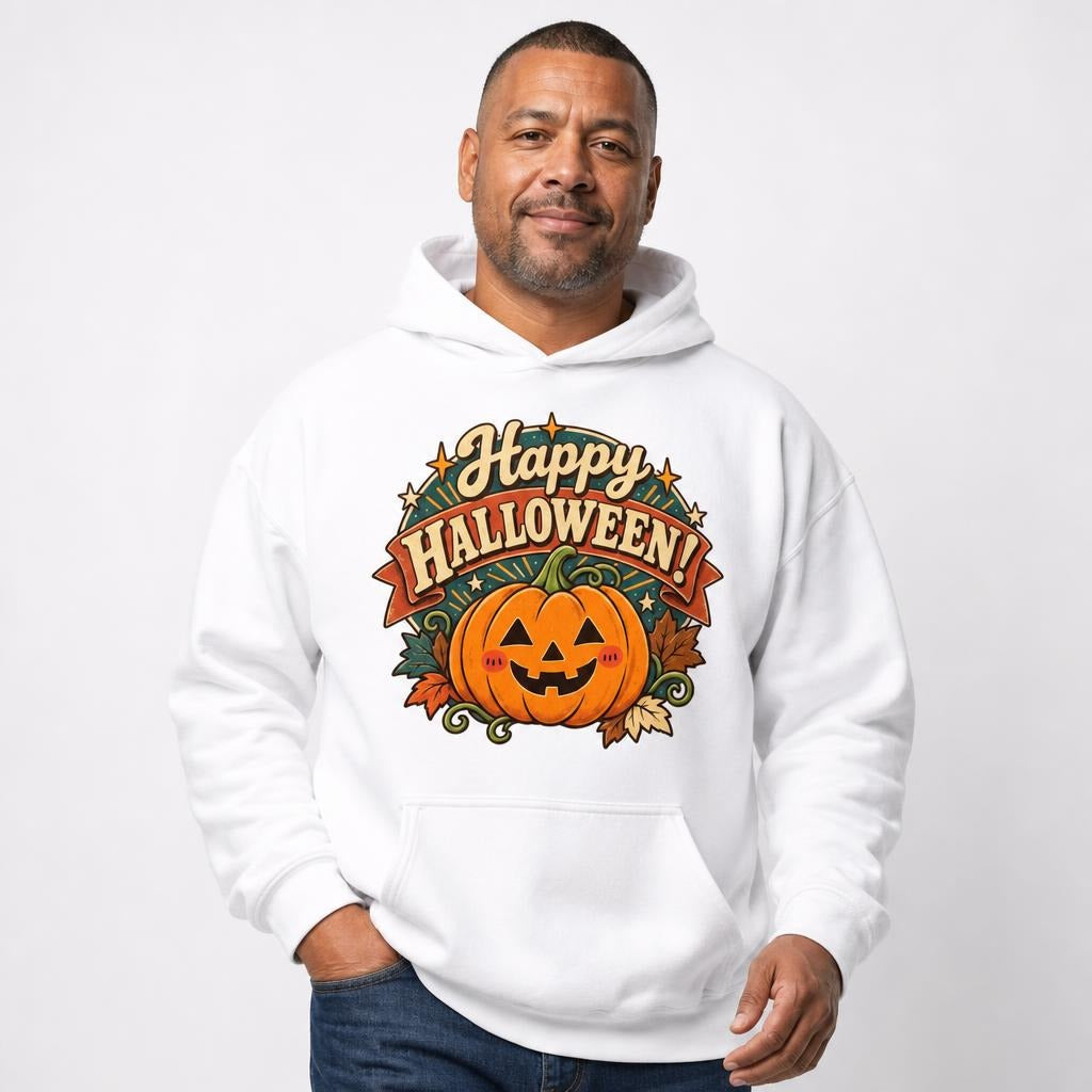 Happy Halloween Pumpkin Halloween sweatshirt in White worn by a studio model in an upper-body walking pose on a clean white background