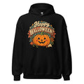 Happy Halloween lettering above two carved jack-o'-lantern pumpkins and autumn leaves on a black hoodie.