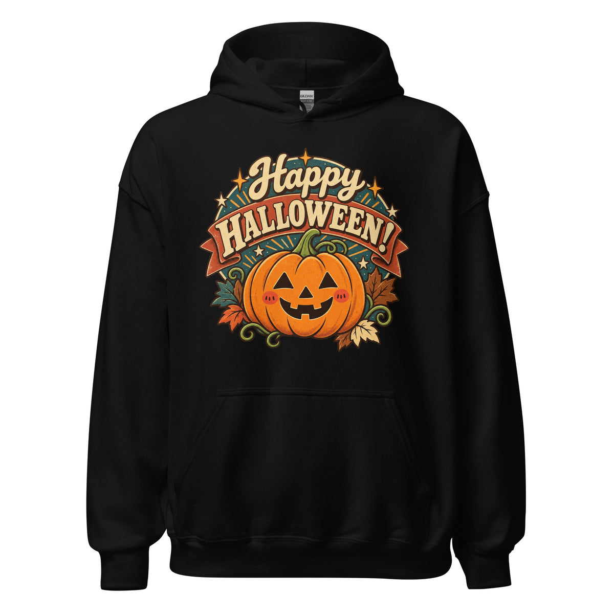 Happy Halloween lettering above two carved jack-o'-lantern pumpkins and autumn leaves on a black hoodie.
