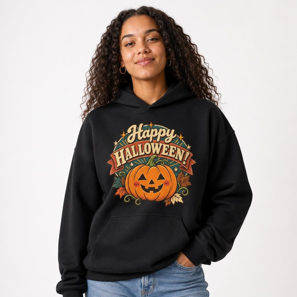Happy Halloween Pumpkins sweatshirt in Black worn by a studio model in an upper-body front relaxed pose on a clean white background