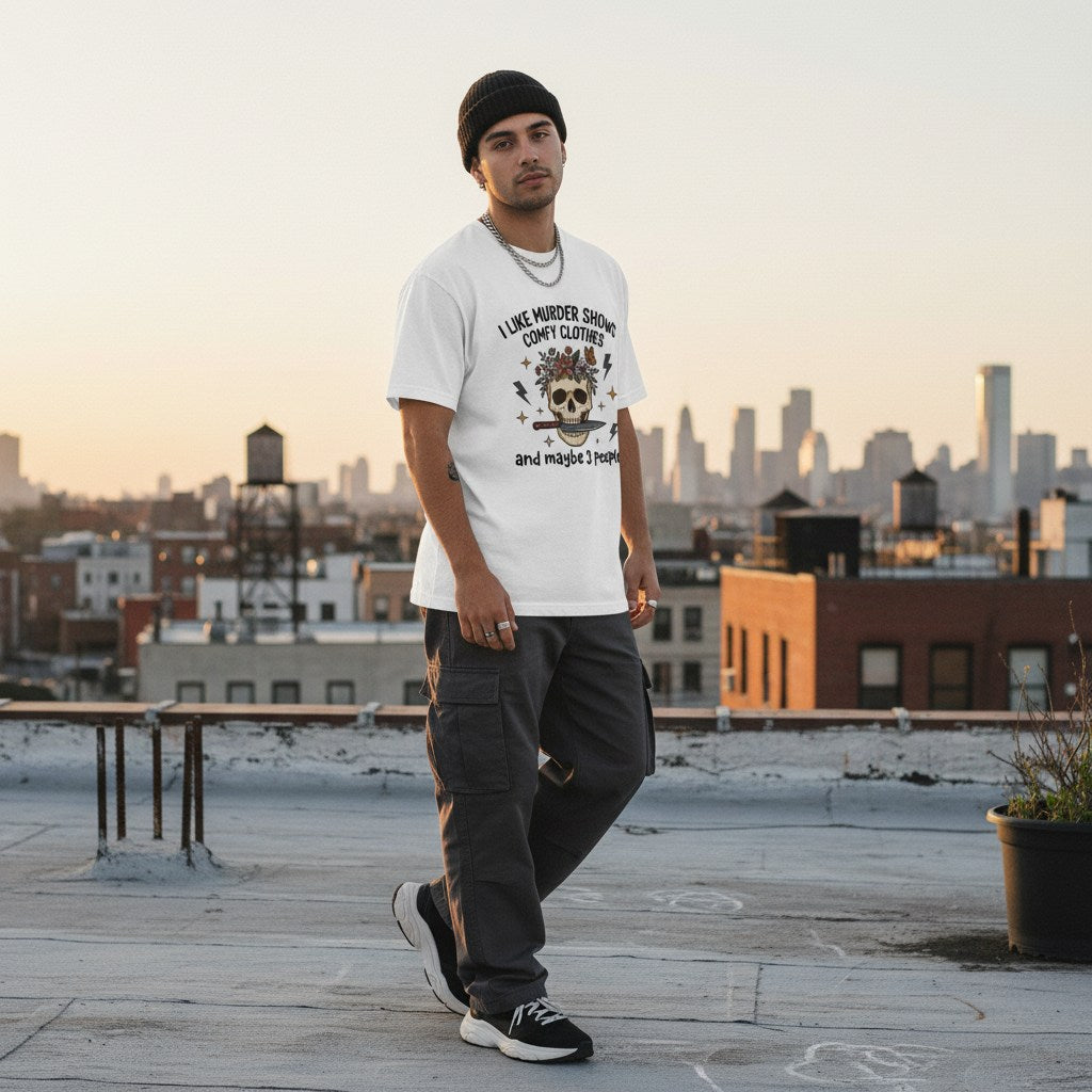 Hispanic man wearing a white t-shirt in a urban streetwear setting.
